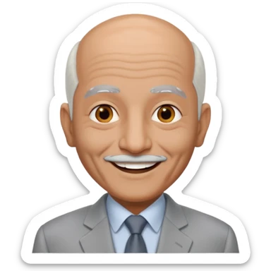 70 yr old man, almost bald, some white hair, pakistani, light grey business suit, big smile, darker skin, no moustache
 sticker