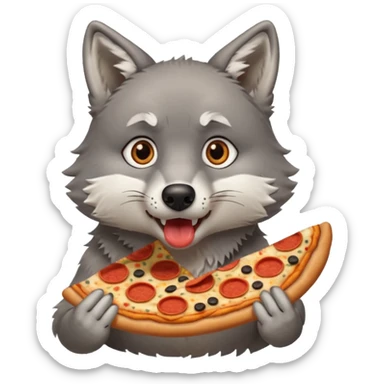 a sitting surprised grey wolf eating a piece of pizza emoji sticker
