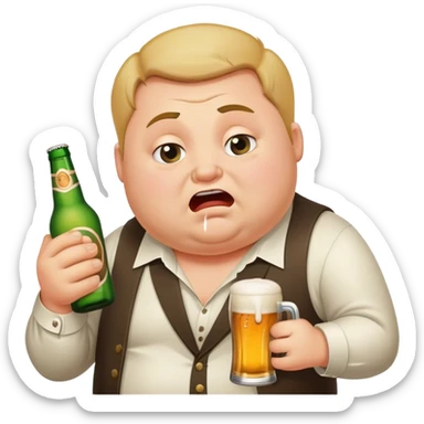  chubby weepy salesperson, beer bottle, complaining, not much hair sticker