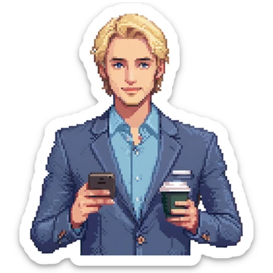 Confident male entrepreneur, Caucasian features, blonde hair, defined eyebrows, slight smile, wearing blue blazer over light blue shirt, holding a smartphone in one hand and a coffee cup in the other, waist-up, front-facing sticker