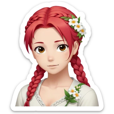 red hair with a thin side braid anime style handsome sexy gojo guy with blushing face and flowers aesthetic trending style outside sticker