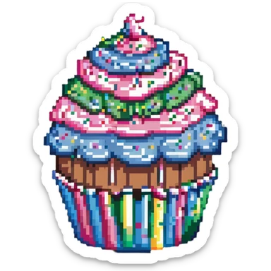 giant cupcake with pink icing and colorful sprinkles, striped cupcake wrapper, pixel art style sticker