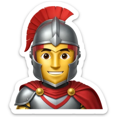 A friendly Trojan warrior mascot with a large cartoon-style head, wearing a silver helmet with a red crest and black cheek guards.  confident smile. The character wears dark armor with metallic details and a bright yellow cape.  sticker
