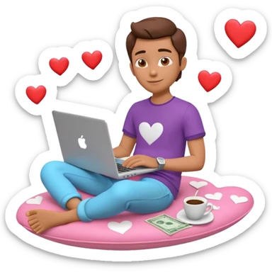 3D clay character relaxed with laptop and coffee, floating icons (hearts + dollars), colofrful modern outfit, white laptop, Pixar style, transparent background sticker