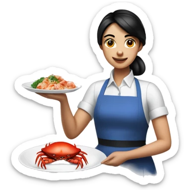 waiter girl with black hair with fair skin in a blue apron holds crab in a plate sticker