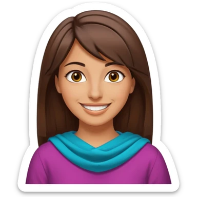 30 yr old middle eastern woman straight brown hair side bangs big smile tanned skin brown eyes colorful clothes sticker