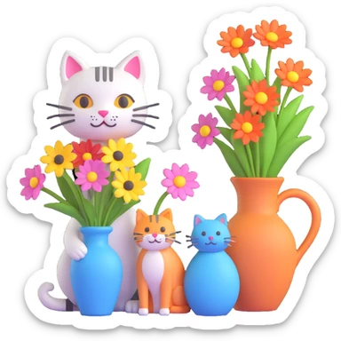 A 3D delightful cat beside a vase of vibrant flowers, with the text "Have a Beautiful Day" in the style of the reference image. The image should exude a sense of calm and beauty. sticker