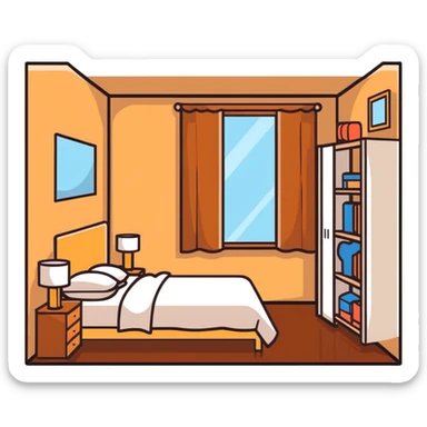 cute bedroom with cream colored walls, wooden bed frame, wooden shelves, fluffy rug, plants sticker