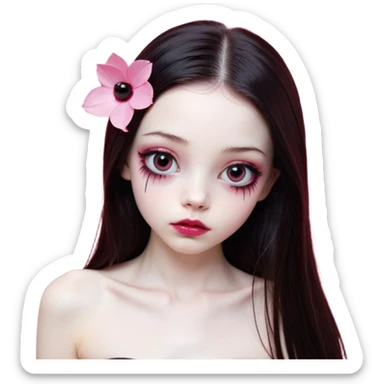 girl with white skin, dark brown long realistic straight hair with middle part prominently falling in front of her body over her shoulders, lips with reddish-pink shiny lip gloss and absolutely no cupid's bow, simple big round eyes with very black shiny eyeballs with no makeup at all, completely bare natural eyes, no colored eyelids, no eyeshadow, no eyeliner, natural eyelashes, light pink blush on cheeks, lighter button nose, exceptionally elongated very long oval-shaped face, wearing a pink off-shoulder top, looking directly at camera with hands down at sides sticker