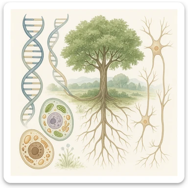 A realistic biological illustration (like in a school book) showing: DNA strands transitioning into a tree, cells with visible organelles, neurons connected to plant roots  and a balanced ecosystem background . Seamless integration, no labels or borders. Scientific color scheme, detailed but minimalist. please white background sticker