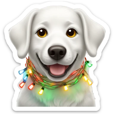 happy white dog wrapped in christmas lights sticker