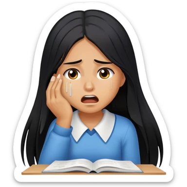 Pretty tanned girl with long black hair, crying out about homework sticker