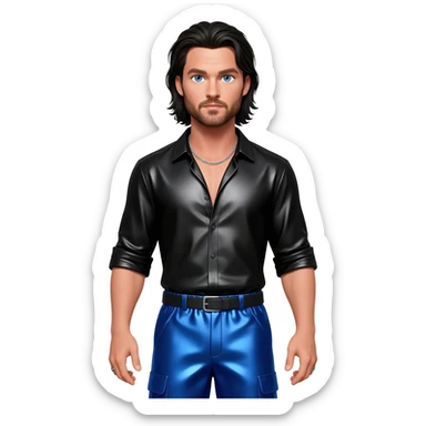 Chris Hemsworth with blue eyes, long black hair, black metallic shirt, cobalt blue metallic baggy pants, silver necklace sticker