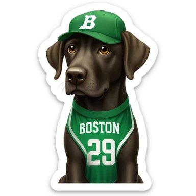 Brindle lab dog wearing Boston Celtics gear sticker