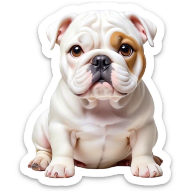 Cinematic Cute White English Bulldog Portrait Emoji, Head tilted playfully and inquisitively, featuring a silky pure white coat with a gentle sheen, round, sparkling brown eyes filled with curiosity, Simplified yet irresistibly adorable features, highly detailed, glowing with a warm, friendly glow, high shine, affectionate and charming, stylized with a touch of whimsy, bright and endearing, soft glowing outline, capturing the essence of a mischievous yet loving companion, so playful it feels like it could bound out of the screen and into your arms! sticker