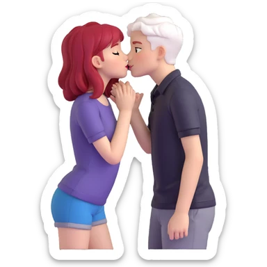 couple kissing, boy with PAPER WHITE SHORT HAIR (completely white), dark shirt, girl with long cherry red hair, light clothes sticker