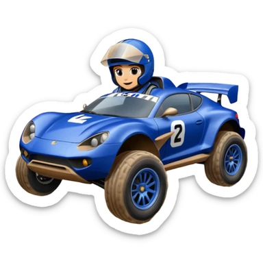 Dirty Joke’s Midnight-blue Local Motors Rally Fighter off road race car being driven by a cayman , sitting in the driver’s seat, over a dirt ramp  sticker