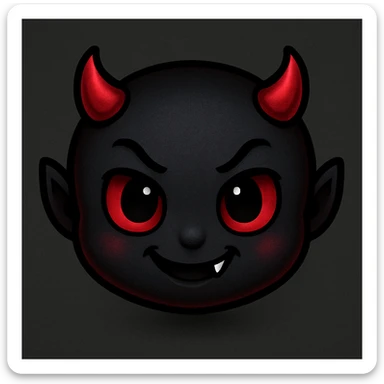devil emoji in chibi style with gothic palette black and red, small horns, mischievous grin sticker