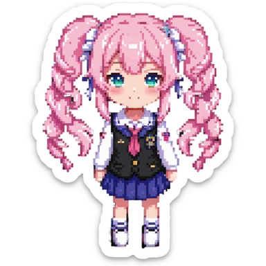 Pixel art anime girl with pink twin tails and school uniform, cute chibi style sticker