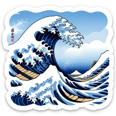 Cinematic Realistic Great Wave off Kanagawa, depicted as a colossal, crashing wave with dynamic blue hues and frothy white crests, rendered with intricate textures and fluid motion that captures both the timeless power and poetic beauty of the iconic Japanese artwork sticker