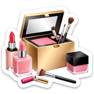 an open box with makeup brushes, compact powder, and perfume bottle spilling out sticker