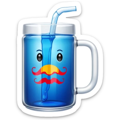 A large clear glass mug with a bright blue liquid inside.  Make the mug thicker and white/clear, not blue. beer stein. Handle is not blue. The walls of the mug are very thick and white. Only one handle. No actual beer. Can of redbull sticking out of too sticker