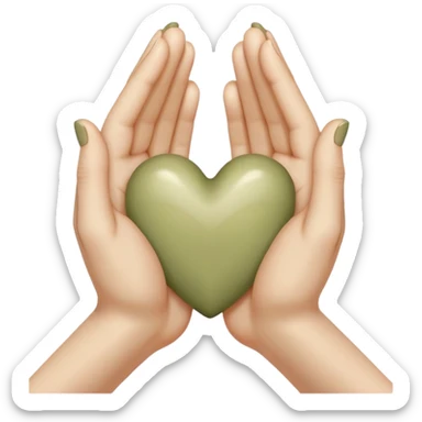 Hands joined in prayer with a pale olive heart sticker