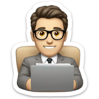 Pale skinned Fit Man With dark brown hair in gray jacket, beige office shirt and vintage glasses sitting In a soft chair with a notebook with emblem Ψ and a pen in his hands sticker