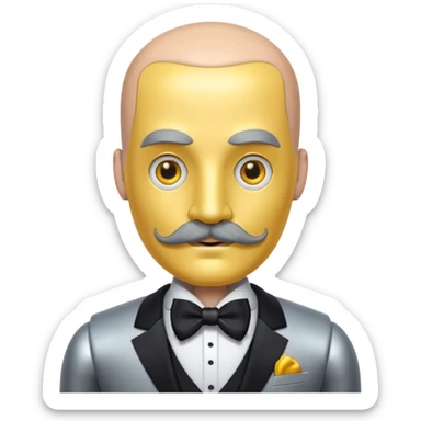 robot with thick moustache, no hair, yellow eyes without pupils, wearing a tuxedo, buff sticker