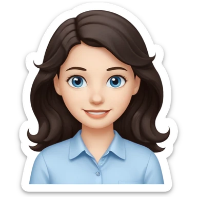 A White girl with wavy and dark hair, light blue eyes and a white shirt smiling sticker