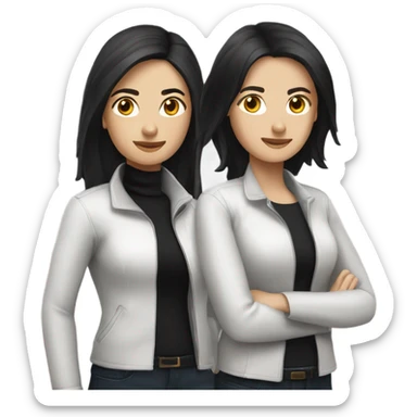 two caucassian woman with black jackets. One has black hair the other one has brown hair and is slightly shorter then the woman with black hair sticker