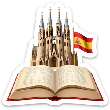 An icon featuring the Sagrada Familia and the flag of Spain, symbolizing the Spanish language. The design includes an open book with Spanish text and flamenco dancers, representing language learning and cultural heritage. Transparent background sticker