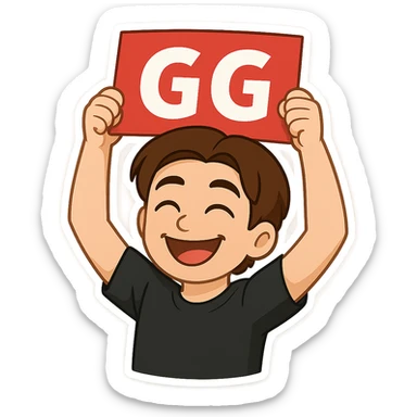 The drawn figure from the first image, in the same style and with the same face, holding a sign with the text 'GG' exactly as shown in the third image: held by two hands raised above the head, smiling. sticker