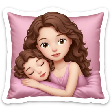 Sleeping beauty pale-skinned girl with brown wavy hair, resting peacefully on a soft pink silk pillow on her side, wearing pastel pink sticker
