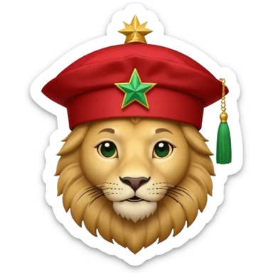 Cute lion emoji face wearing a Red Moroccan fez hat with a flat top, straight sides, a green five-pointed star on the front, and a thin black tassel hanging from the right side. sticker