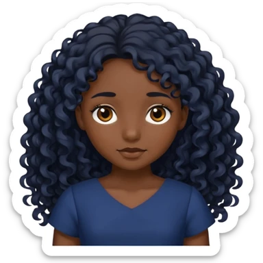 A girl with dark brown eyes Long curly black hair, slightly lighter than brownish black Navy blue dress sticker