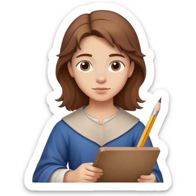 smart medieval painter apprentice with brown hair drawing paper and pencil sticker