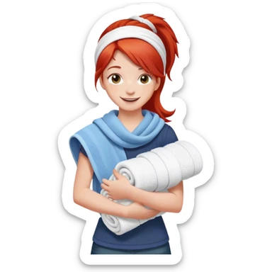 cheerful teenager with red hair carrying a stack of towels in her arms sticker
