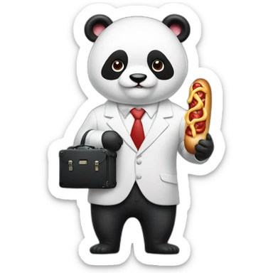 A professor with white suit and red tie and a panda face eating a hotdog and holding a black suitcase sticker