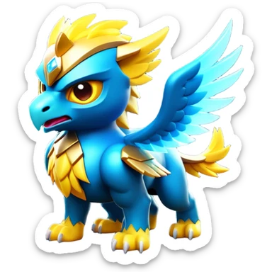Clash of Clans aesthetic: Cinematic fierce lightning gryphon Beast Emoji, rendered in a 3D vector-style similar to standard emojis with minimal shading and bold, simplified shapes. A compact, isometric mythical creature with wild, majestic features and fierce yet endearing eyes, softly glowing with a primal enchanted charm. Simplified yet unmistakably iconic, highly detailed and consistent, glowing with a soft radiant shine and high polish. Stylized with a touch of mythical wildness and a soft glowing outline, capturing the essence of a legendary beast with a friendly, playful allure! sticker