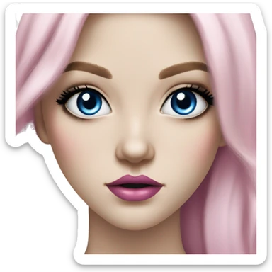 Hyperrealistic pale white girl with blue eyes and long black hair with pink fringe. Wearing gold chain necklace, white diamond stud earrings and has dark eye makeup on her eyes sticker