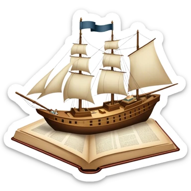Icon for Reading Fiction: a large open book with pages turning, Musketeers on horseback, Sherlock Holmes and other literary elements, a sailboat sailing across the pages. The icon should evoke the adventurous spirit of storytelling. Transparent background. sticker