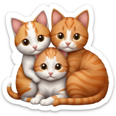 3 kittens cuddling together all different colours, the first one is grey and white, the second is ginger and white and the third is brown tabby and white sticker