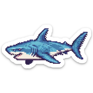 A pixel art shark, retro gaming style, colorful and blocky sticker