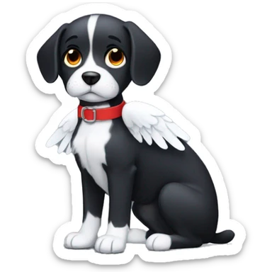 black dog with white patch, big jowls, sad puppy eyes, angel wings, red collar sticker