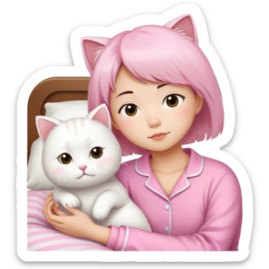 Short hair Asian girl wear in pink wake up with white cat  sticker
