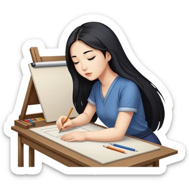 Asian woman in long hair drawing on drawing table, looking down  sticker