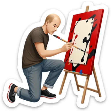 Jackson pollock the abstract artist leaning over to flick black white and red paint from a brush onto a canvas at his feet sticker