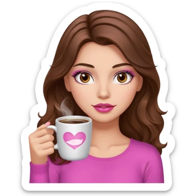 girl with long wavy brown hair, brown eyes, long lashes makeup, sexy pink lips, light to medium complexion, pink sexy top, with a hot coffee mug sticker