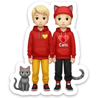 There is one 8 year old boy wearing a red and black hoodie say I heart cats he’s blond he has red Jordan’s and Hess wearing black pants he’s next to his only gray cat with yellow eyes  sticker